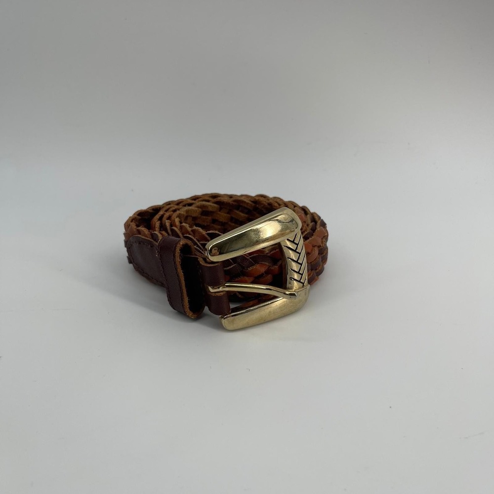 Vintage Woven Braided Leather Belt Brown Multi Tone Gold Buckle Medium